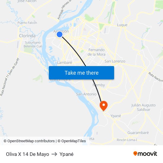 Oliva X 14 De Mayo to Ypané map