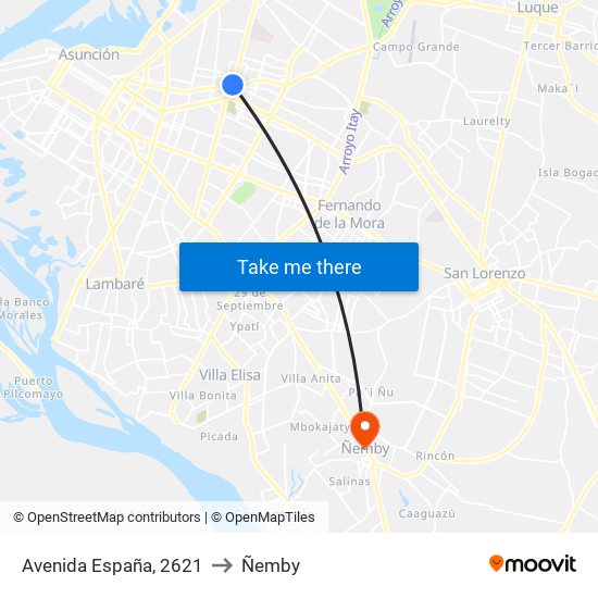 Avenida España, 2621 to Ñemby map
