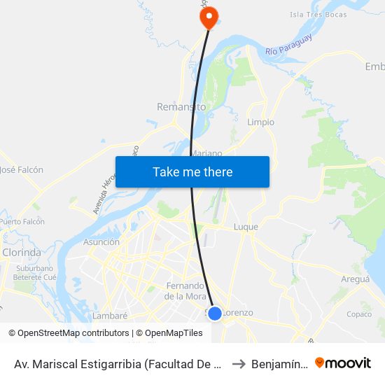 Av. Mariscal Estigarribia (Facultad De Ciencias Económicas) to Benjamín Aceval map
