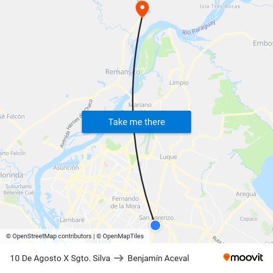 10 De Agosto X Sgto. Silva to Benjamín Aceval map