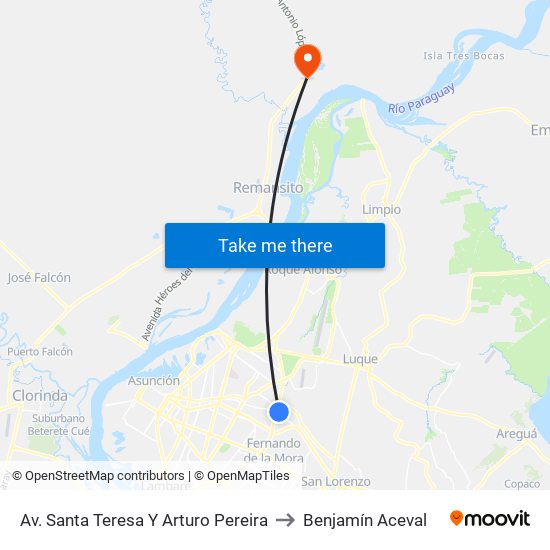 Av. Santa Teresa Y Arturo Pereira to Benjamín Aceval map