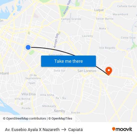 Av. Eusebio Ayala X Nazareth to Capiatá map