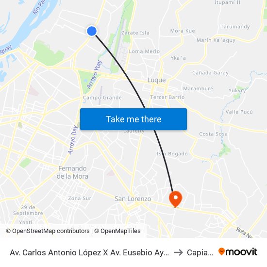 Av. Carlos Antonio López X Av. Eusebio Ayala to Capiatá map