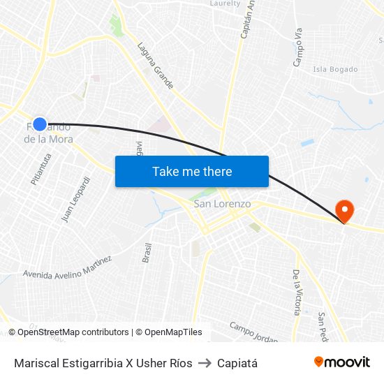 Mariscal Estigarribia X Usher Ríos to Capiatá map