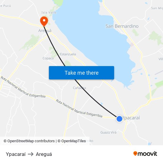 Ypacaraí to Areguá map