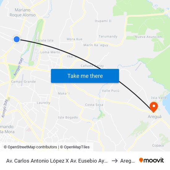 Av. Carlos Antonio López X Av. Eusebio Ayala to Areguá map