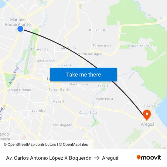Av. Carlos Antonio López X Boquerón to Areguá map