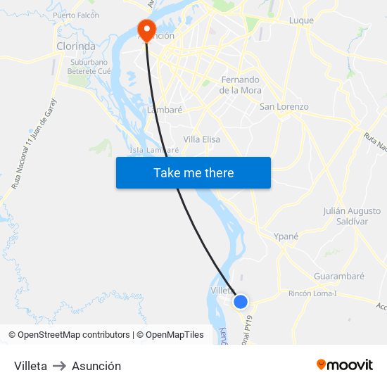 Villeta to Asunción map