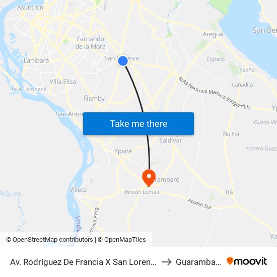 Av. Rodríguez De Francia X San Lorenzo to Guarambaré map