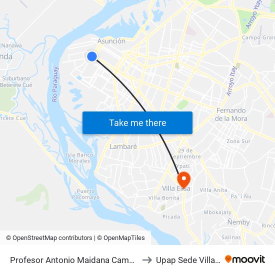 Profesor Antonio Maidana Campos, 1045 to Upap Sede Villa Elisa map