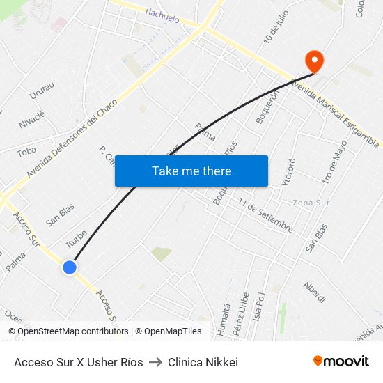 Acceso Sur X Usher Ríos to Clinica Nikkei map