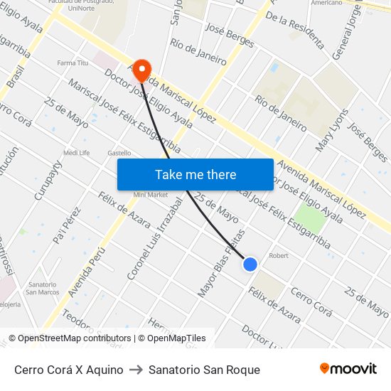 Cerro Corá X Aquino to Sanatorio San Roque map