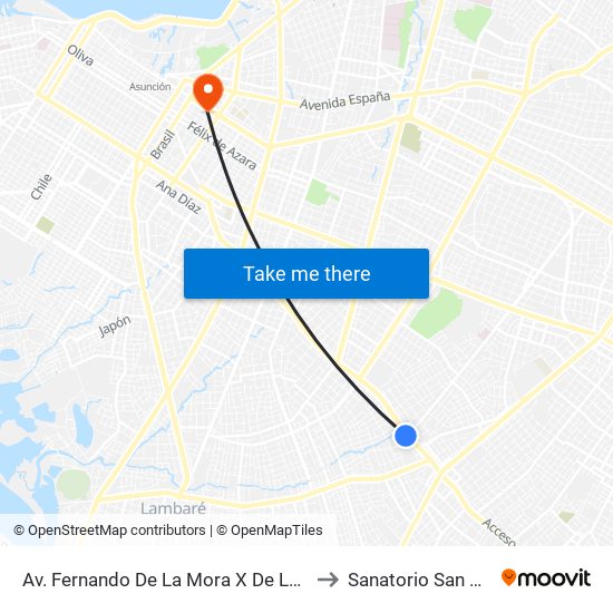 Av. Fernando De La Mora X De La Victoria to Sanatorio San Roque map