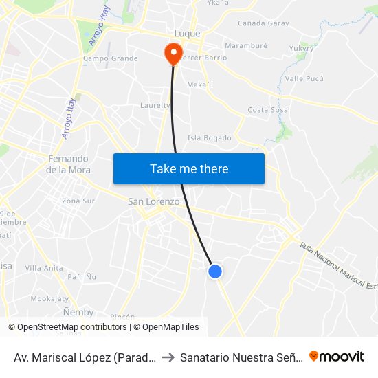 Av. Mariscal López (Parada Km. 17 (1/2)) to Sanatario Nuestra Señora De La Paz map
