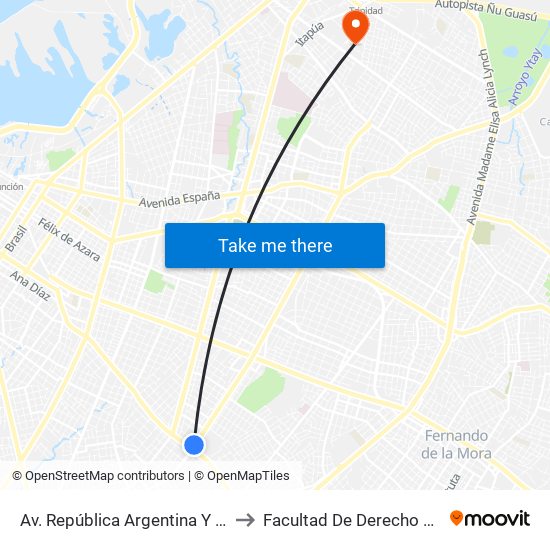 Av. República Argentina Y Av. Dr. Fernando De La Mora to Facultad De Derecho Y Ciencias Sociales - Una map