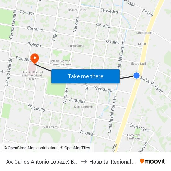 Av. Carlos Antonio López X Boquerón to Hospital Regional M.R.A. map