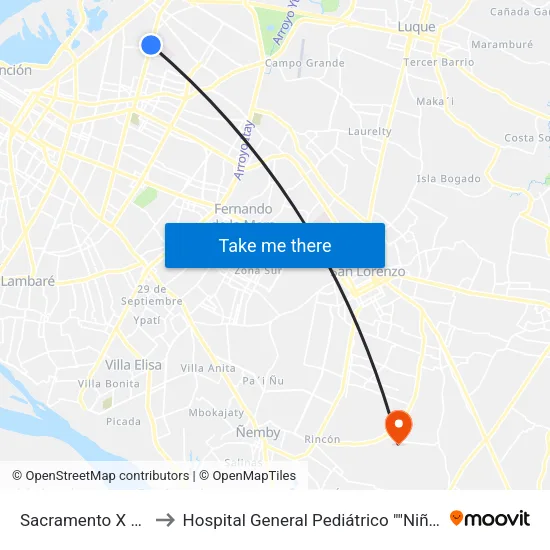 Sacramento X Lombardo to Hospital General Pediátrico ""Niños De Acosta Ñu"" map