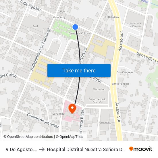 9 De Agosto, 345 to Hospital Distrital Nuestra Señora De Lourdes map