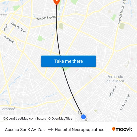 Acceso Sur X Av. Zavalas Cué to Hospital Neuropsquiátrico De Asunción map