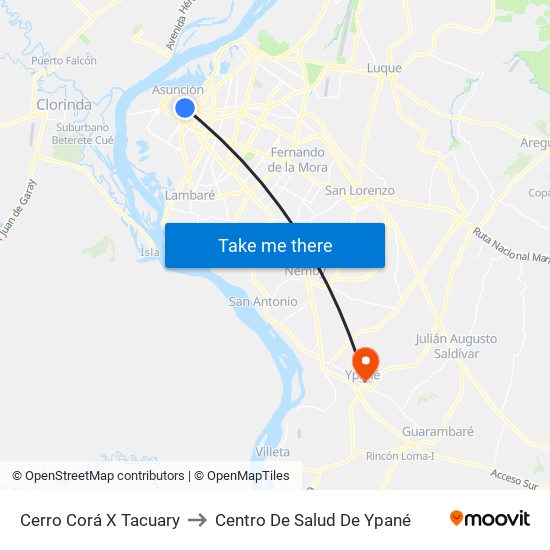 Cerro Corá X Tacuary to Centro De Salud De Ypané map