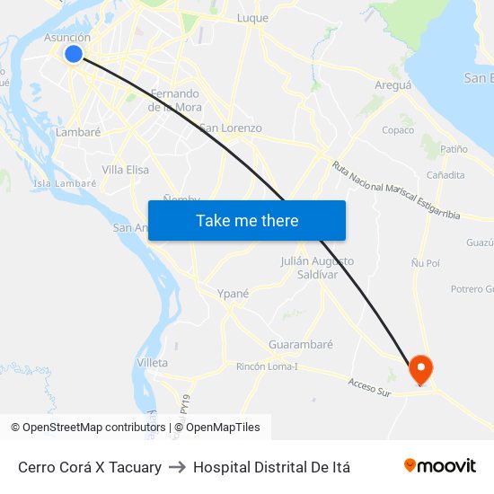 Cerro Corá X Tacuary to Hospital Distrital De Itá map