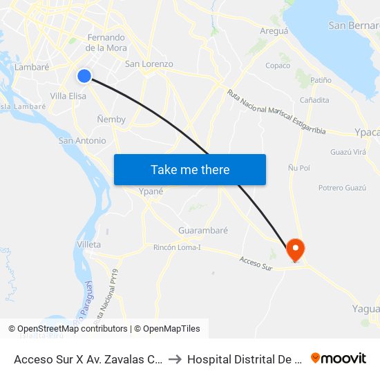 Acceso Sur X Av. Zavalas Cué to Hospital Distrital De Itá map