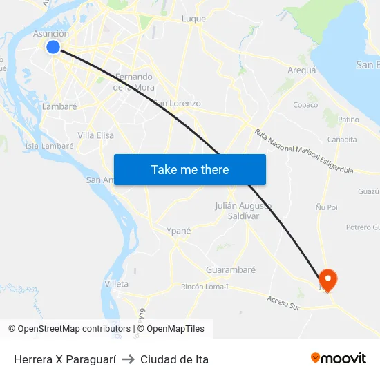 Herrera X Paraguarí to Ciudad de Ita map