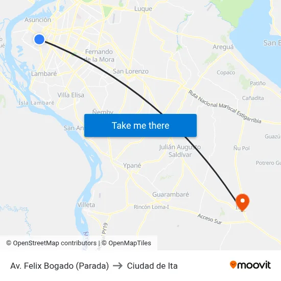 Av. Felix Bogado (Parada) to Ciudad de Ita map