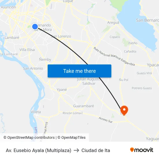 Av. Eusebio Ayala (Multiplaza) to Ciudad de Ita map