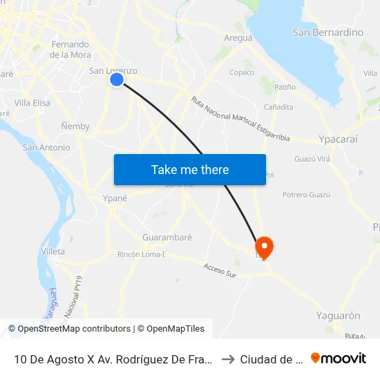 10 De Agosto X Av. Rodríguez De Francia to Ciudad de Ita map