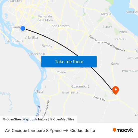 Av. Cacique Lambaré X Ypane to Ciudad de Ita map