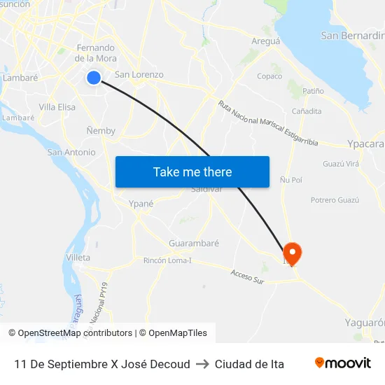 11 De Septiembre X José Decoud to Ciudad de Ita map