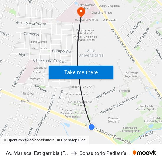 Av. Mariscal Estigarribia (Facultad De Ciencias Económicas) to Consultorio Pediatría - Upa - Hospital De Clínicas map