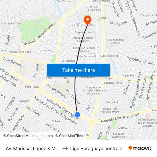 Av. Mariscal López X Melgarejo to Liga Paraguaya contra el Cáncer map