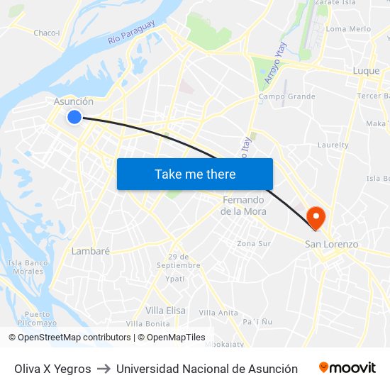 Oliva X Yegros to Universidad Nacional de Asunción map