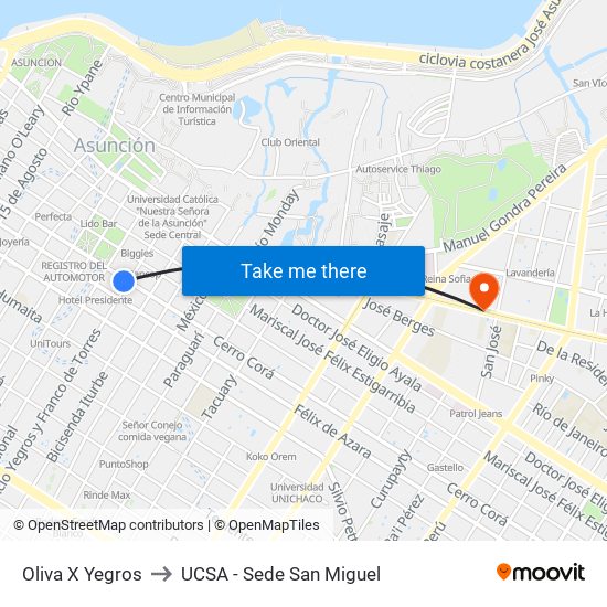 Oliva X Yegros to UCSA - Sede San Miguel map