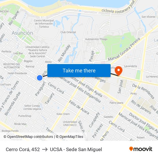 Cerro Corá, 452 to UCSA - Sede San Miguel map