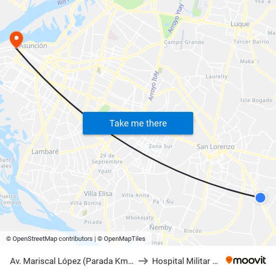 Av. Mariscal López (Parada Km. 17 (1/2)) to Hospital Militar Central map