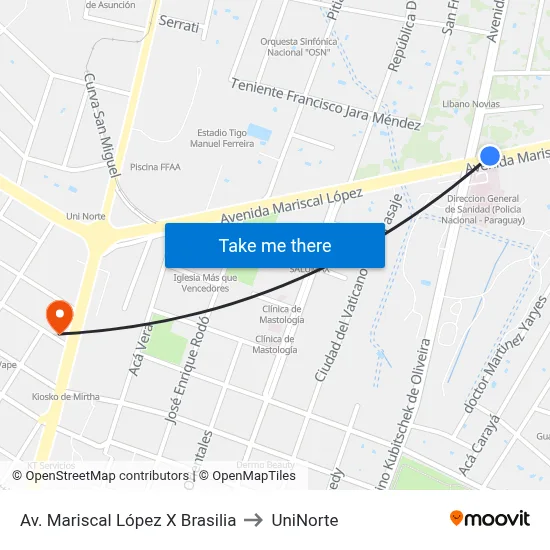 Av. Mariscal López X Brasilia to UniNorte map