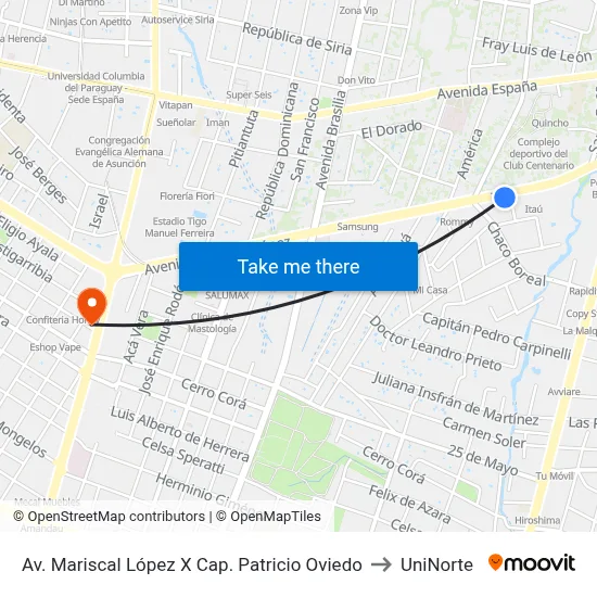 Av. Mariscal López X Cap. Patricio Oviedo to UniNorte map