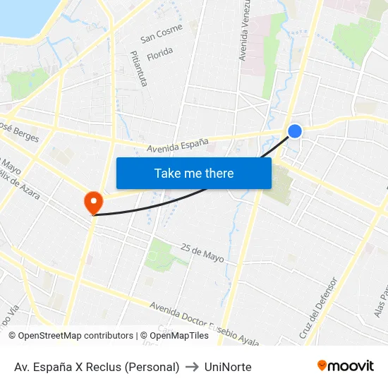 Av. España X Reclus (Personal) to UniNorte map