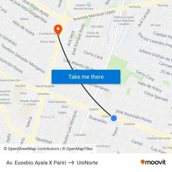 Av. Eusebio Ayala X Parirí to UniNorte map