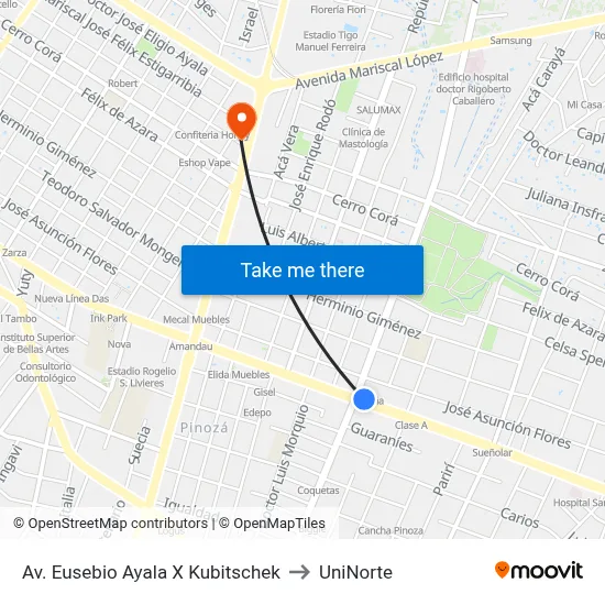Av. Eusebio Ayala X Kubitschek to UniNorte map