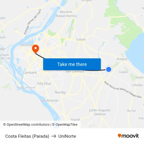 Costa Fleitas (Parada) to UniNorte map