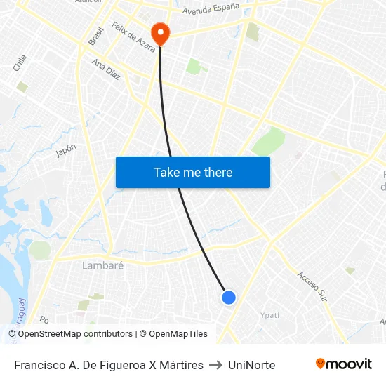 Francisco A. De Figueroa X Mártires to UniNorte map