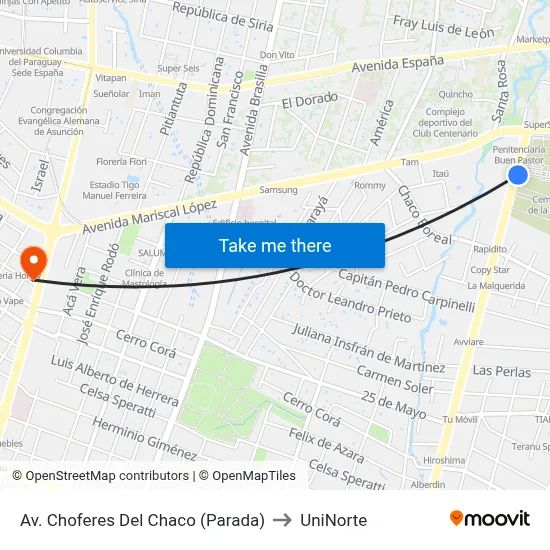 Av. Choferes Del Chaco (Parada) to UniNorte map
