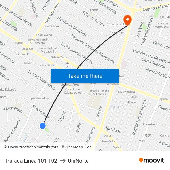Parada Linea 101-102 to UniNorte map