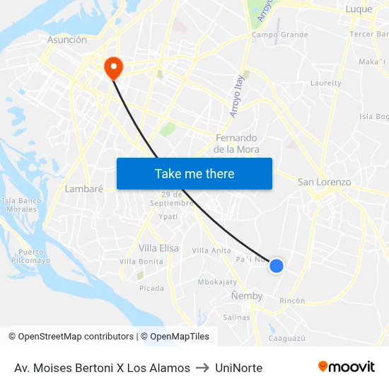 Av. Moises Bertoni X Los Alamos to UniNorte map