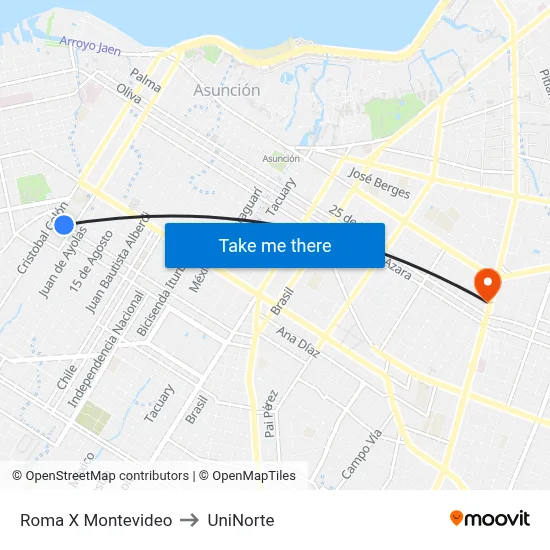 Roma X Montevideo to UniNorte map