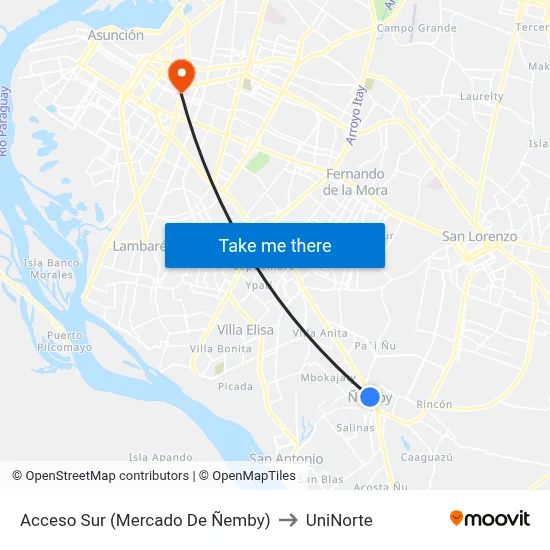 Acceso Sur (Mercado De Ñemby) to UniNorte map